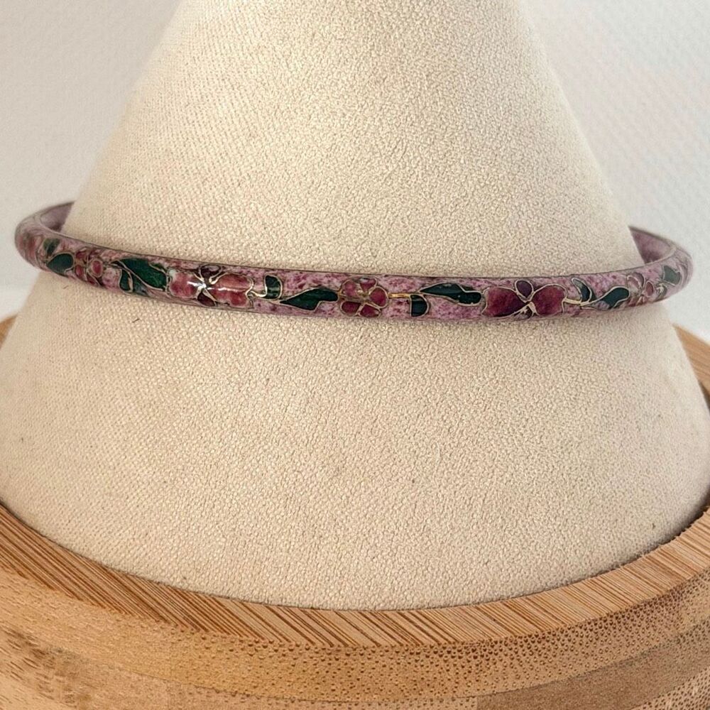 Vintage Cloisonné Enamel Floral Bangle Bracelet Pink Lavender Green